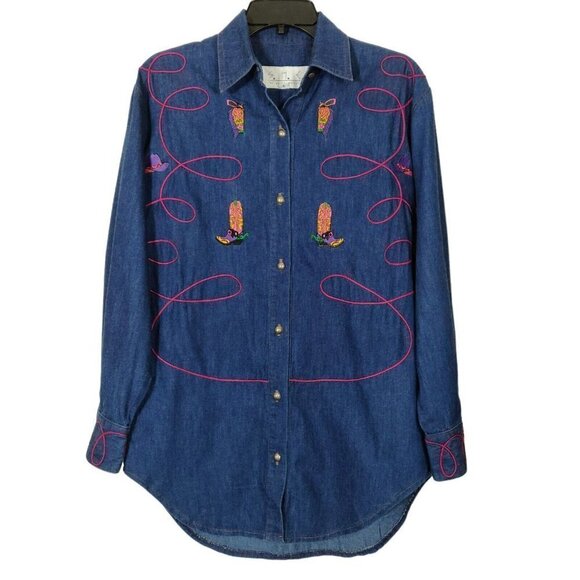 S.H.E. For Austin Collection Embroidered Denim Western Shirt Women's Small Rodeo - Picture 2 of 7